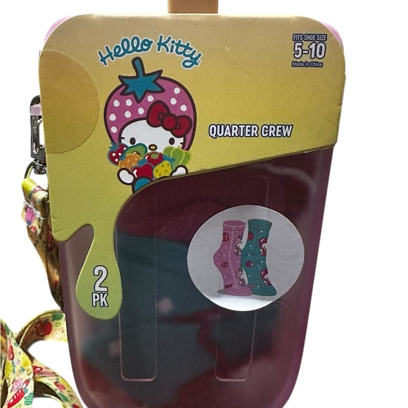 Hello Kitty Quarter Crew Socks with Popsicle water bottle carrier NWT - Picture 2 of 5